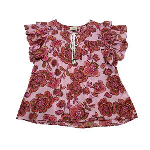 ELIE by Elie Tahari Garden Floral Ruffle‎ Sleeve Top Tie Neck Cotton Feminine S
